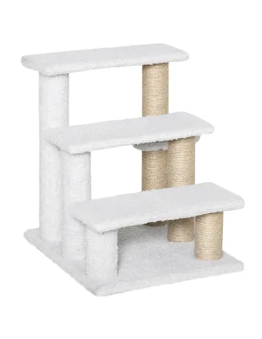 PawHut Pet Stair with 3-step Climb Ladder, Scratching Posts, Platforms, Toy Ball, for Indoor Elderly Cats Kittens, White