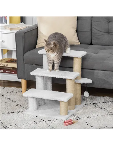 PawHut Pet Stair with 3-step Climb Ladder, Scratching Posts, Platforms, Toy Ball, for Indoor Elderly Cats Kittens, White
