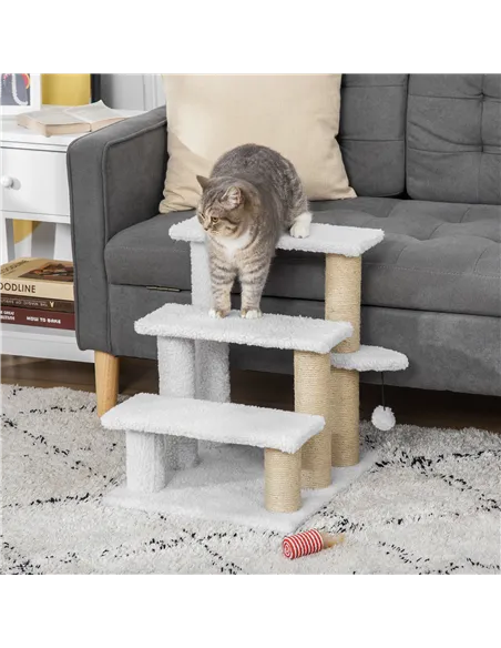 PawHut Pet Stair with 3-step Climb Ladder, Scratching Posts, Platforms, Toy Ball, for Indoor Elderly Cats Kittens, White