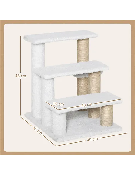 PawHut Pet Stair with 3-step Climb Ladder, Scratching Posts, Platforms, Toy Ball, for Indoor Elderly Cats Kittens, White