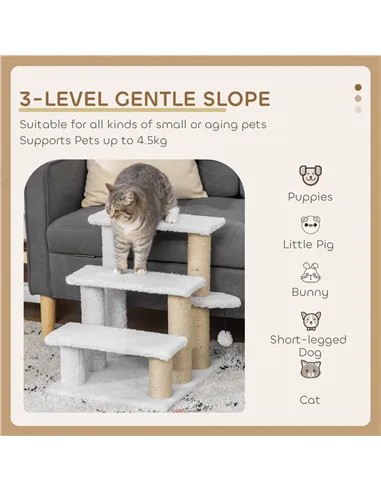 PawHut Pet Stair with 3-step Climb Ladder, Scratching Posts, Platforms, Toy Ball, for Indoor Elderly Cats Kittens, White