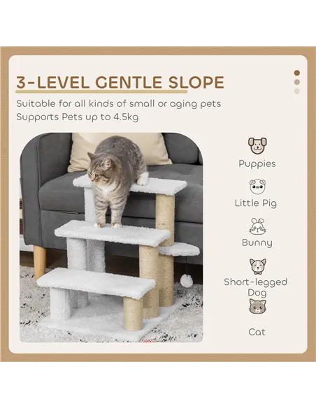 PawHut Pet Stair with 3-step Climb Ladder, Scratching Posts, Platforms, Toy Ball, for Indoor Elderly Cats Kittens, White