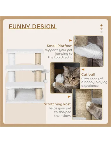 PawHut Pet Stair with 3-step Climb Ladder, Scratching Posts, Platforms, Toy Ball, for Indoor Elderly Cats Kittens, White