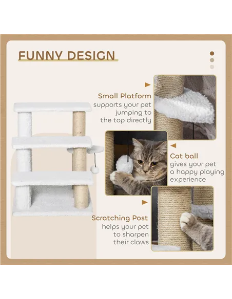 PawHut Pet Stair with 3-step Climb Ladder, Scratching Posts, Platforms, Toy Ball, for Indoor Elderly Cats Kittens, White