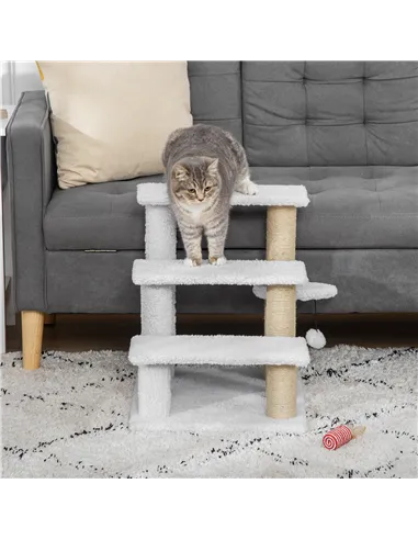 PawHut Pet Stair with 3-step Climb Ladder, Scratching Posts, Platforms, Toy Ball, for Indoor Elderly Cats Kittens, White