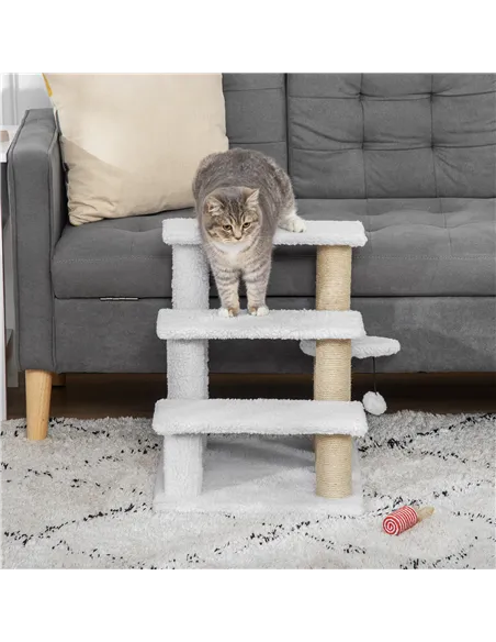 PawHut Pet Stair with 3-step Climb Ladder, Scratching Posts, Platforms, Toy Ball, for Indoor Elderly Cats Kittens, White