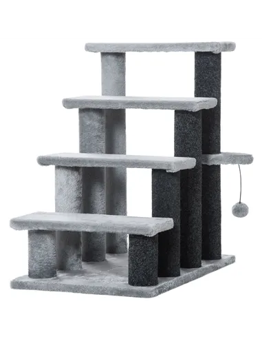 PawHut 4-step Pet Stairs with Scratching Posts, Platforms, Toy Ball, Grey