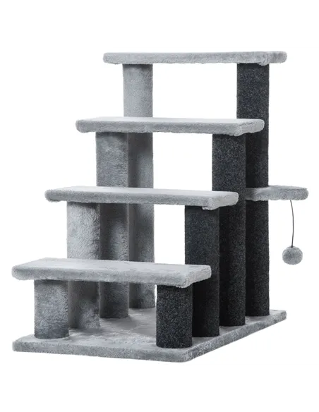 PawHut 4-step Pet Stairs with Scratching Posts, Platforms, Toy Ball, Grey