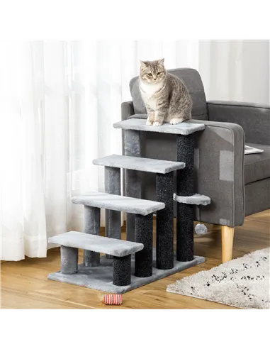 PawHut 4-step Pet Stairs with Scratching Posts, Platforms, Toy Ball, Grey