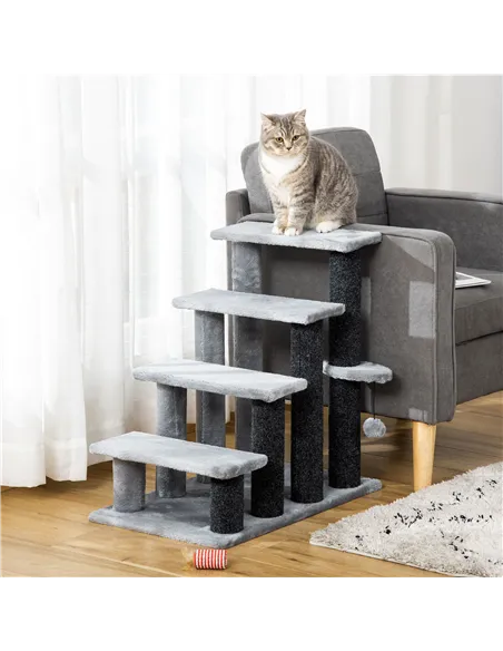 PawHut 4-step Pet Stairs with Scratching Posts, Platforms, Toy Ball, Grey