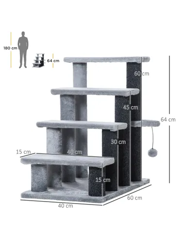 PawHut 4-step Pet Stairs with Scratching Posts, Platforms, Toy Ball, Grey