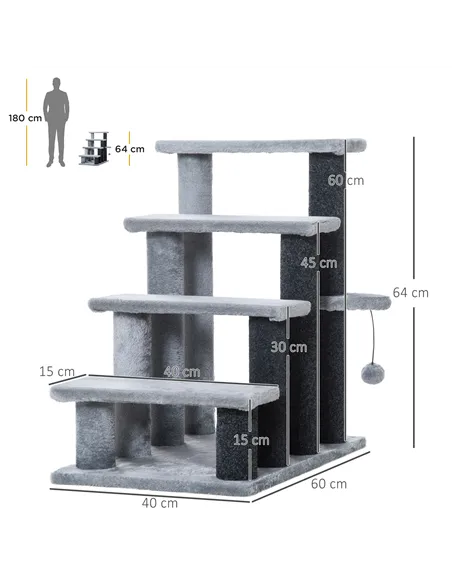 PawHut 4-step Pet Stairs with Scratching Posts, Platforms, Toy Ball, Grey