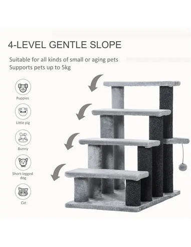 PawHut 4-step Pet Stairs with Scratching Posts, Platforms, Toy Ball, Grey