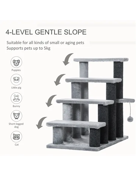 PawHut 4-step Pet Stairs with Scratching Posts, Platforms, Toy Ball, Grey