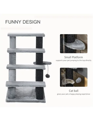 PawHut 4-step Pet Stairs with Scratching Posts, Platforms, Toy Ball, Grey
