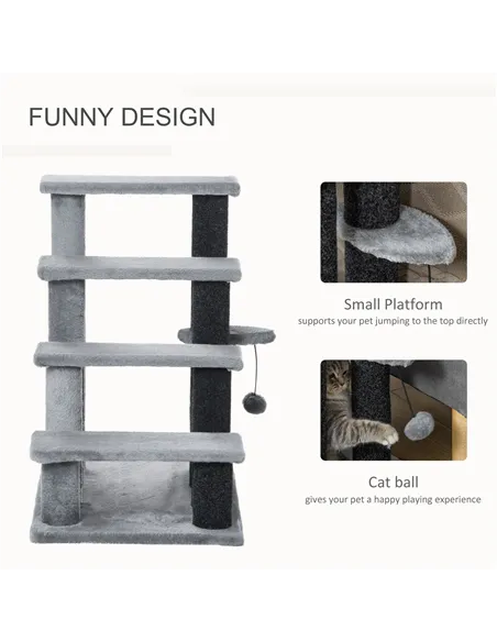PawHut 4-step Pet Stairs with Scratching Posts, Platforms, Toy Ball, Grey