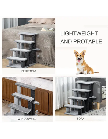 PawHut 4-step Pet Stairs with Scratching Posts, Platforms, Toy Ball, Grey
