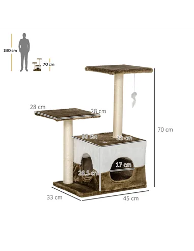PawHut Cat Tree Tower for Indoor Cats Kitten House Scratching Posts with Condo Perch Interactive Mouse Toy, 45 x 33 x 70 cm, Bro