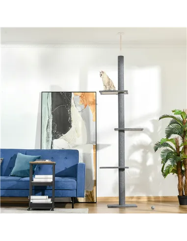 PawHut 260cm Floor To Ceiling Cat Tree for Indoor Cats w/ Three Platforms Activity Centre - Grey