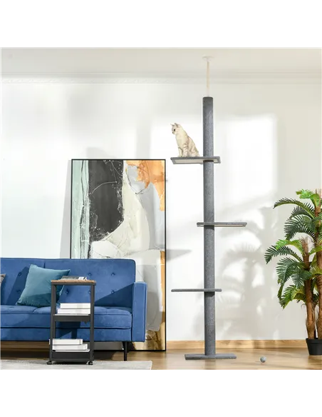 PawHut 260cm Floor To Ceiling Cat Tree for Indoor Cats w/ Three Platforms Activity Centre - Grey