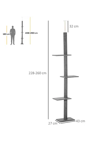 PawHut 260cm Floor To Ceiling Cat Tree for Indoor Cats w/ Three Platforms Activity Centre - Grey