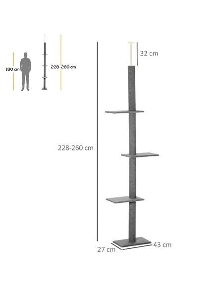 PawHut 260cm Floor To Ceiling Cat Tree for Indoor Cats w/ Three Platforms Activity Centre - Grey