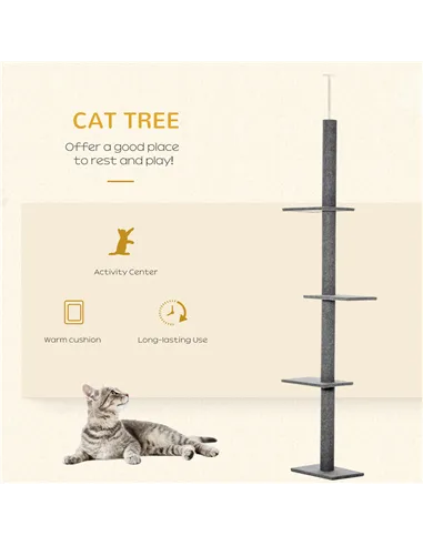 PawHut 260cm Floor To Ceiling Cat Tree for Indoor Cats w/ Three Platforms Activity Centre - Grey