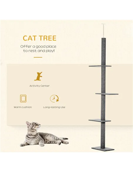 PawHut 260cm Floor To Ceiling Cat Tree for Indoor Cats w/ Three Platforms Activity Centre - Grey