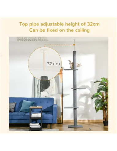 PawHut 260cm Floor To Ceiling Cat Tree for Indoor Cats w/ Three Platforms Activity Centre - Grey