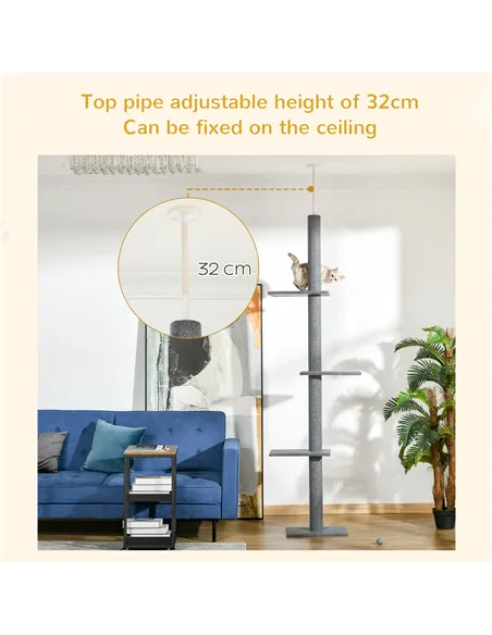 PawHut 260cm Floor To Ceiling Cat Tree for Indoor Cats w/ Three Platforms Activity Centre - Grey