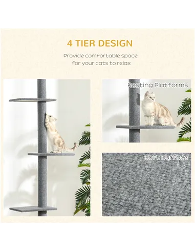 PawHut 260cm Floor To Ceiling Cat Tree for Indoor Cats w/ Three Platforms Activity Centre - Grey