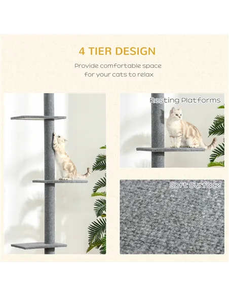 PawHut 260cm Floor To Ceiling Cat Tree for Indoor Cats w/ Three Platforms Activity Centre - Grey