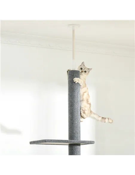 PawHut 260cm Floor To Ceiling Cat Tree for Indoor Cats w/ Three Platforms Activity Centre - Grey