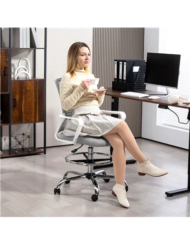 HOMCOM Draughtsman Chair, Mesh Drafting Chair, Ergonomic Office Chair with Lumbar Support, Adjustable Foot Ring, Grey