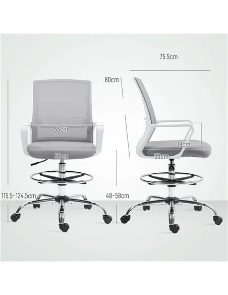 HOMCOM Draughtsman Chair, Mesh Drafting Chair, Ergonomic Office Chair with Lumbar Support, Adjustable Foot Ring, Grey