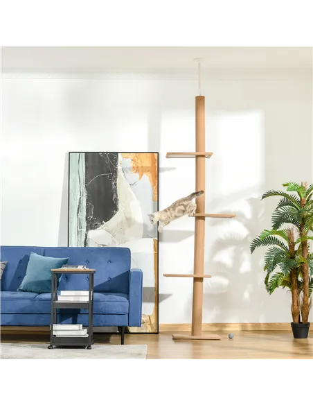 PawHut 260cm Floor To Ceiling Cat Tree for Indoor Cats w/ Three Platforms Activity Centre - Brown