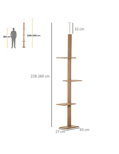 PawHut 260cm Floor To Ceiling Cat Tree for Indoor Cats w/ Three Platforms Activity Centre - Brown