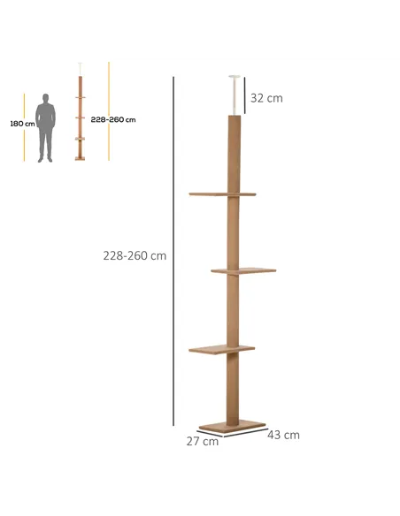 PawHut 260cm Floor To Ceiling Cat Tree for Indoor Cats w/ Three Platforms Activity Centre - Brown