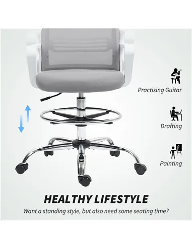 HOMCOM Draughtsman Chair, Mesh Drafting Chair, Ergonomic Office Chair with Lumbar Support, Adjustable Foot Ring, Grey