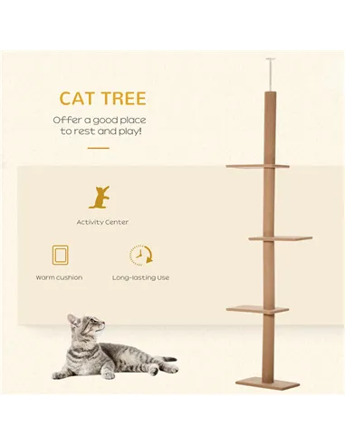 PawHut 260cm Floor To Ceiling Cat Tree for Indoor Cats w/ Three Platforms Activity Centre - Brown