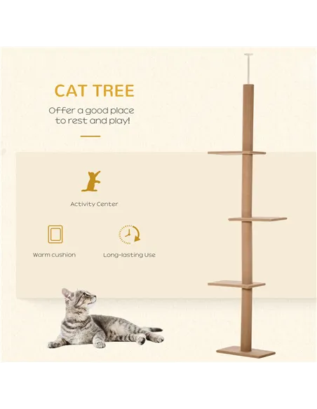 PawHut 260cm Floor To Ceiling Cat Tree for Indoor Cats w/ Three Platforms Activity Centre - Brown