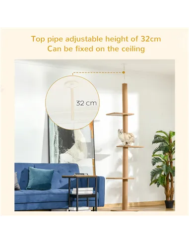 PawHut 260cm Floor To Ceiling Cat Tree for Indoor Cats w/ Three Platforms Activity Centre - Brown