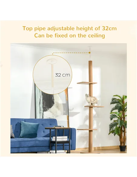 PawHut 260cm Floor To Ceiling Cat Tree for Indoor Cats w/ Three Platforms Activity Centre - Brown
