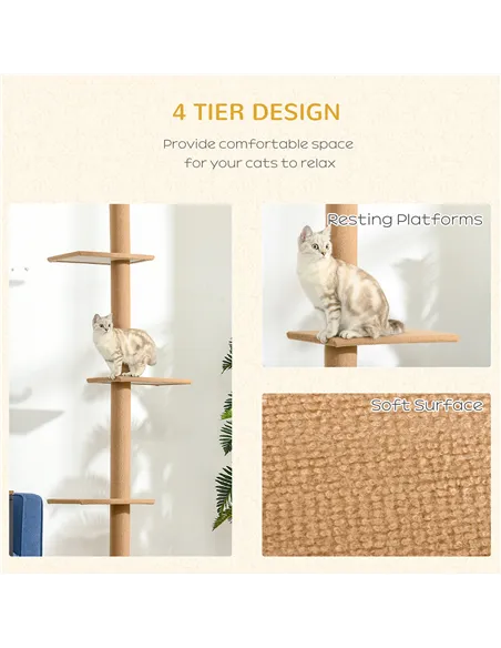 PawHut 260cm Floor To Ceiling Cat Tree for Indoor Cats w/ Three Platforms Activity Centre - Brown