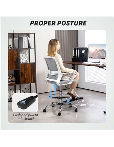 HOMCOM Draughtsman Chair, Mesh Drafting Chair, Ergonomic Office Chair with Lumbar Support, Adjustable Foot Ring, Grey