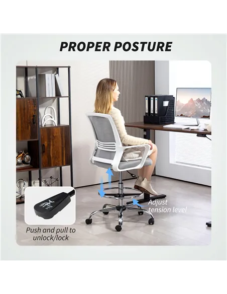 HOMCOM Draughtsman Chair, Mesh Drafting Chair, Ergonomic Office Chair with Lumbar Support, Adjustable Foot Ring, Grey