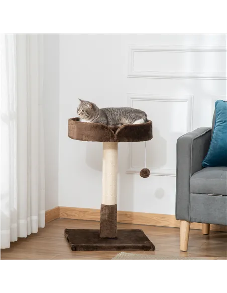 PawHut Small Cat Tree for Indoor Cats with Sisal Scratching Post Kitten Bed Cushion Ball Toy, Brown, 45x45x70 cm