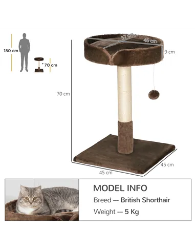 PawHut Small Cat Tree for Indoor Cats with Sisal Scratching Post Kitten Bed Cushion Ball Toy, Brown, 45x45x70 cm