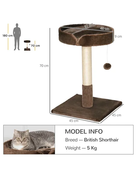 PawHut Small Cat Tree for Indoor Cats with Sisal Scratching Post Kitten Bed Cushion Ball Toy, Brown, 45x45x70 cm