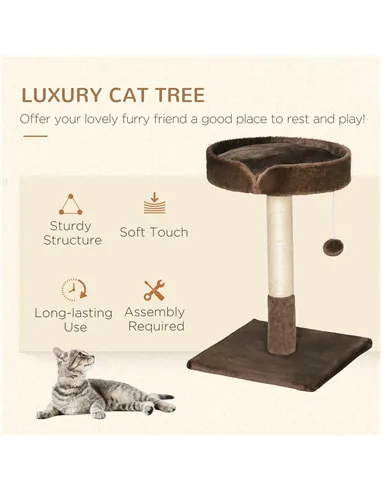 PawHut Small Cat Tree for Indoor Cats with Sisal Scratching Post Kitten Bed Cushion Ball Toy, Brown, 45x45x70 cm